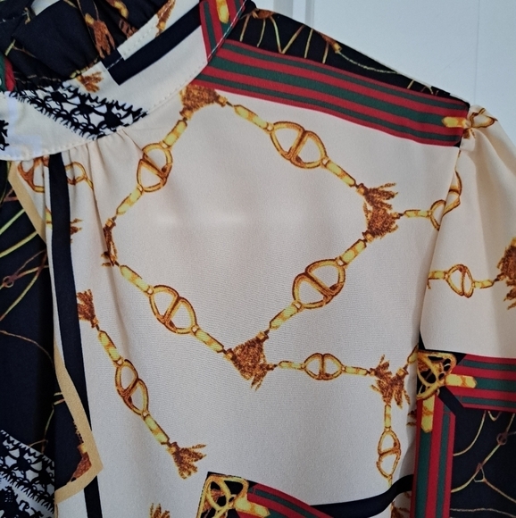 Ladies lightweight blouse high neck ruffle western abstract BOHO SHIRT size LG - Picture 5 of 8